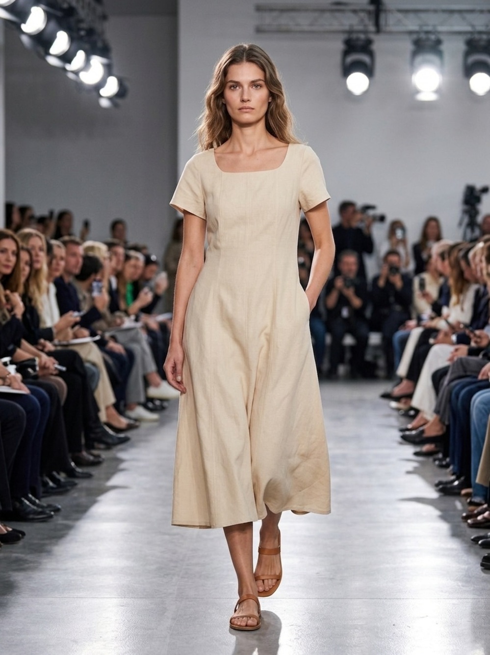 UNIQLO Linen Blend Square Neck Short Sleeve Dress - Cream
